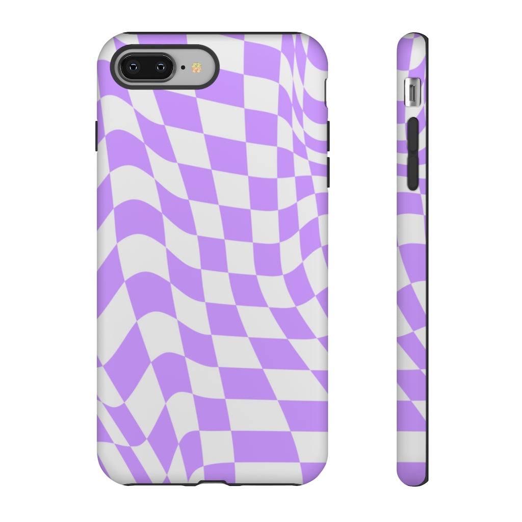 Old School Checkered Retro Groovy Vibe Wavy Checkerboard Phone Case / Purple