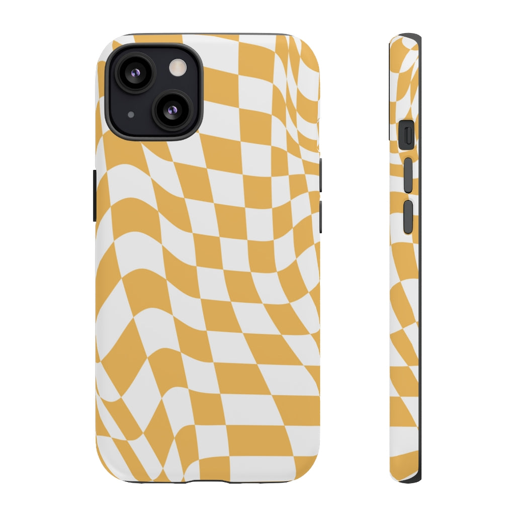 Old School Checkered Retro Groovy Vibe Wavy Checkerboard Phone Case / Retro Tan