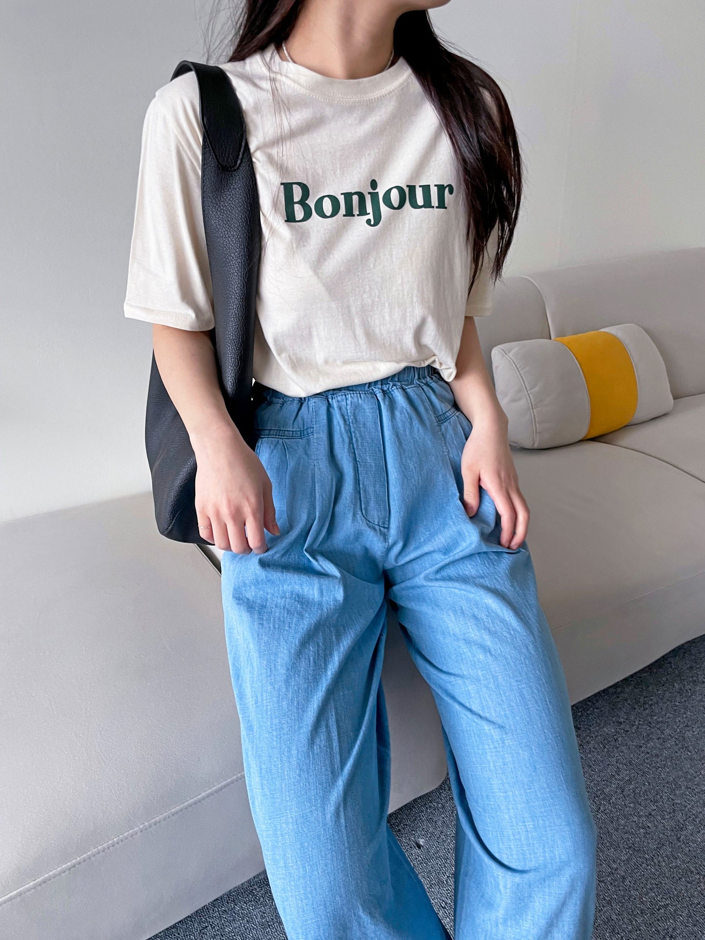 Bonjour Print Short sleeve Cotton T-shirts