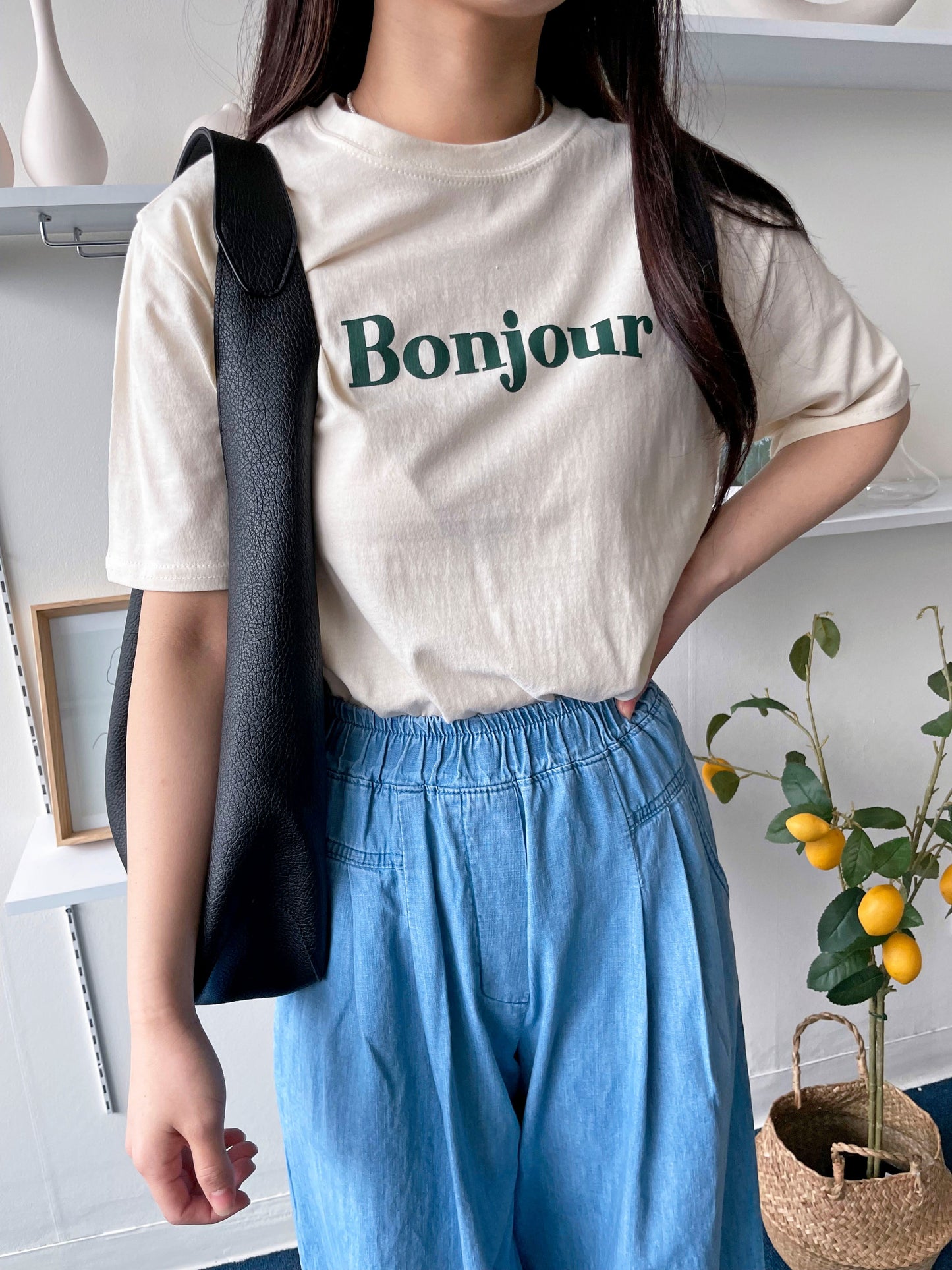 Bonjour Print Short sleeve Cotton T-shirts