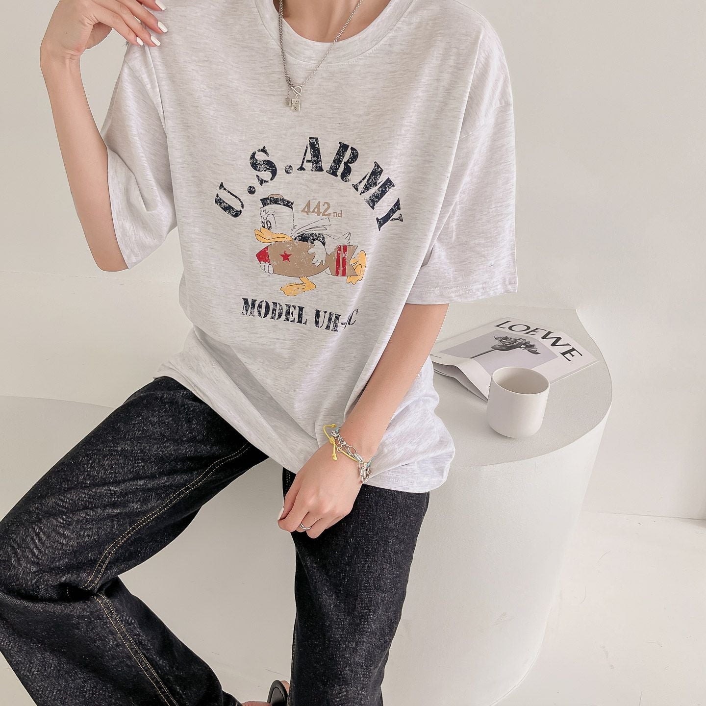 US Army Print Overfit Boxy Cotton T-shirts