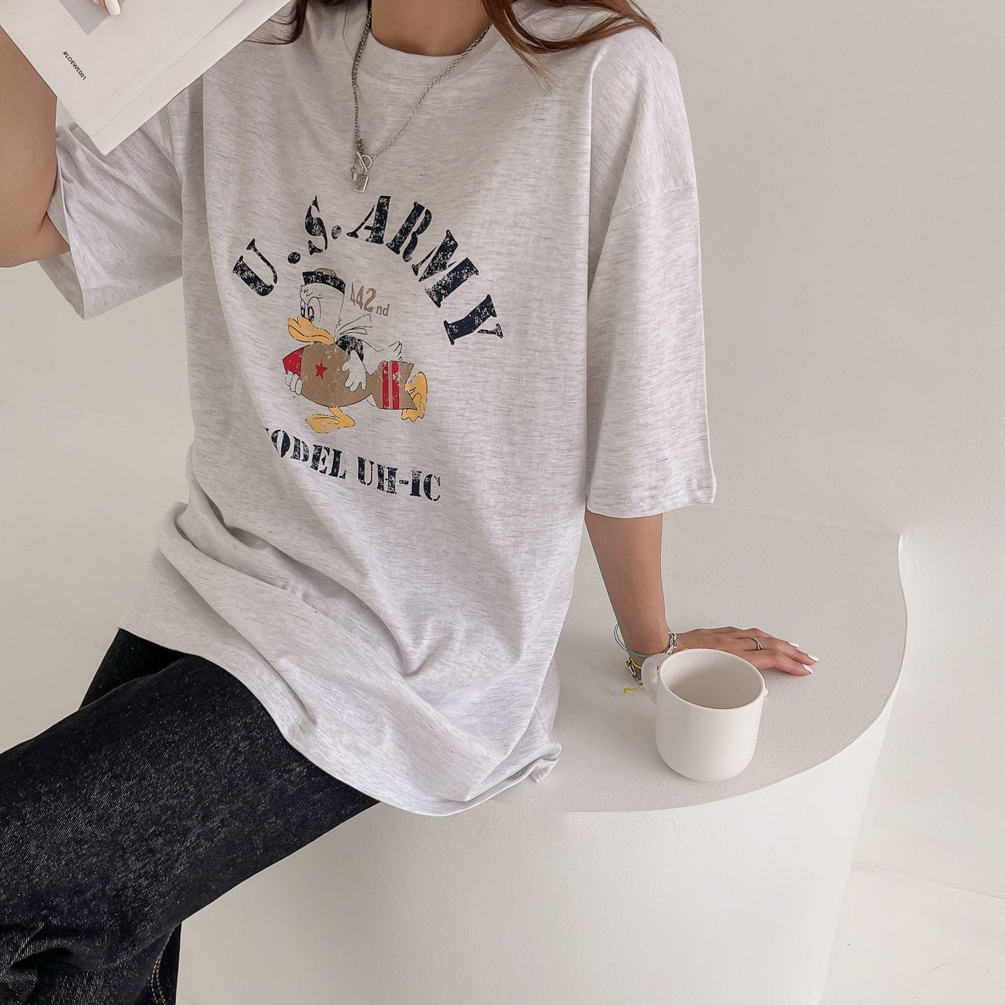 US Army Print Overfit Boxy Cotton T-shirts