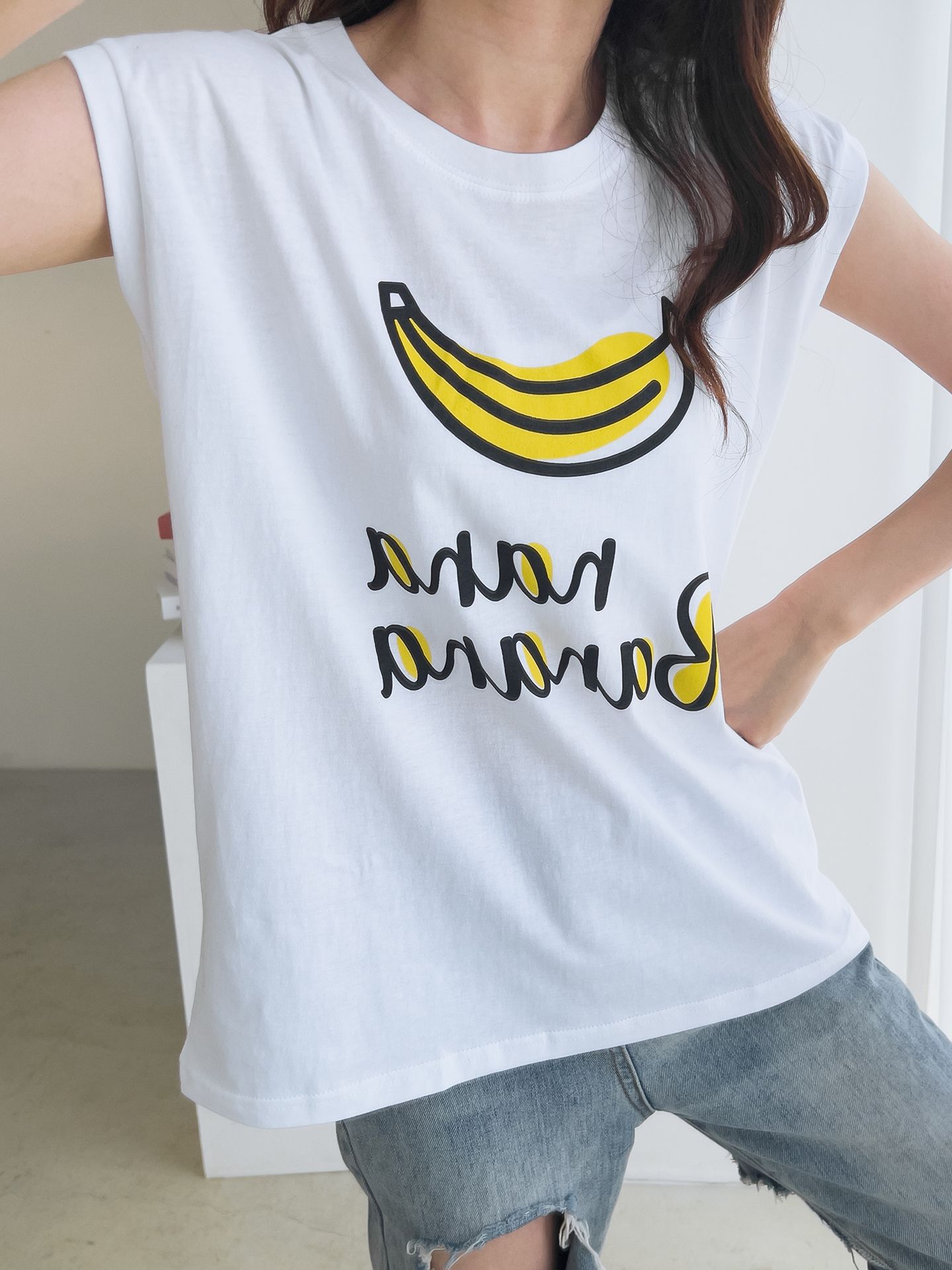 Banana Print Sleeveless Top Cotton T-shirts