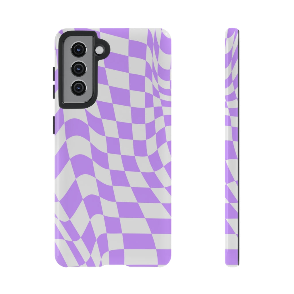 Old School Checkered Retro Groovy Vibe Wavy Checkerboard Phone Case / Purple