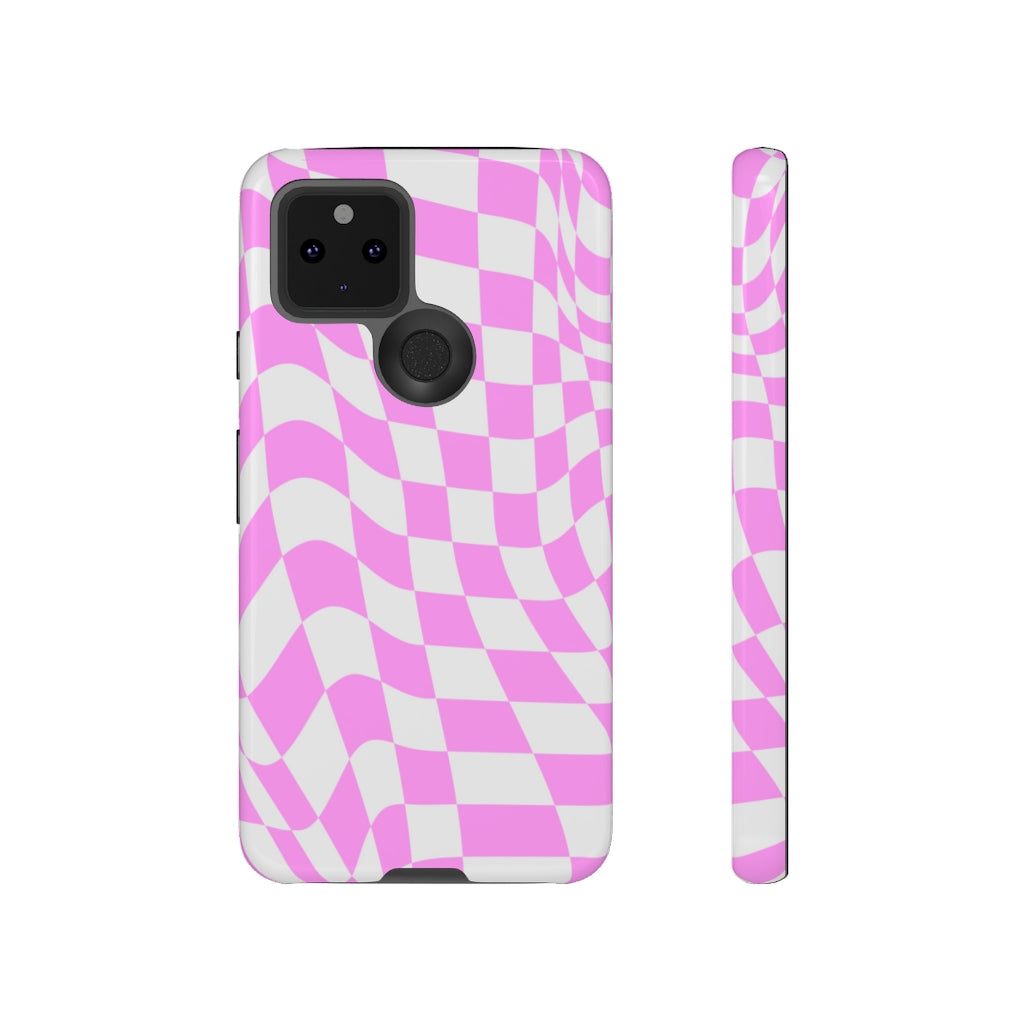 Old School Checkered Retro Groovy Vibe Wavy Checkerboard Phone Case / Pink