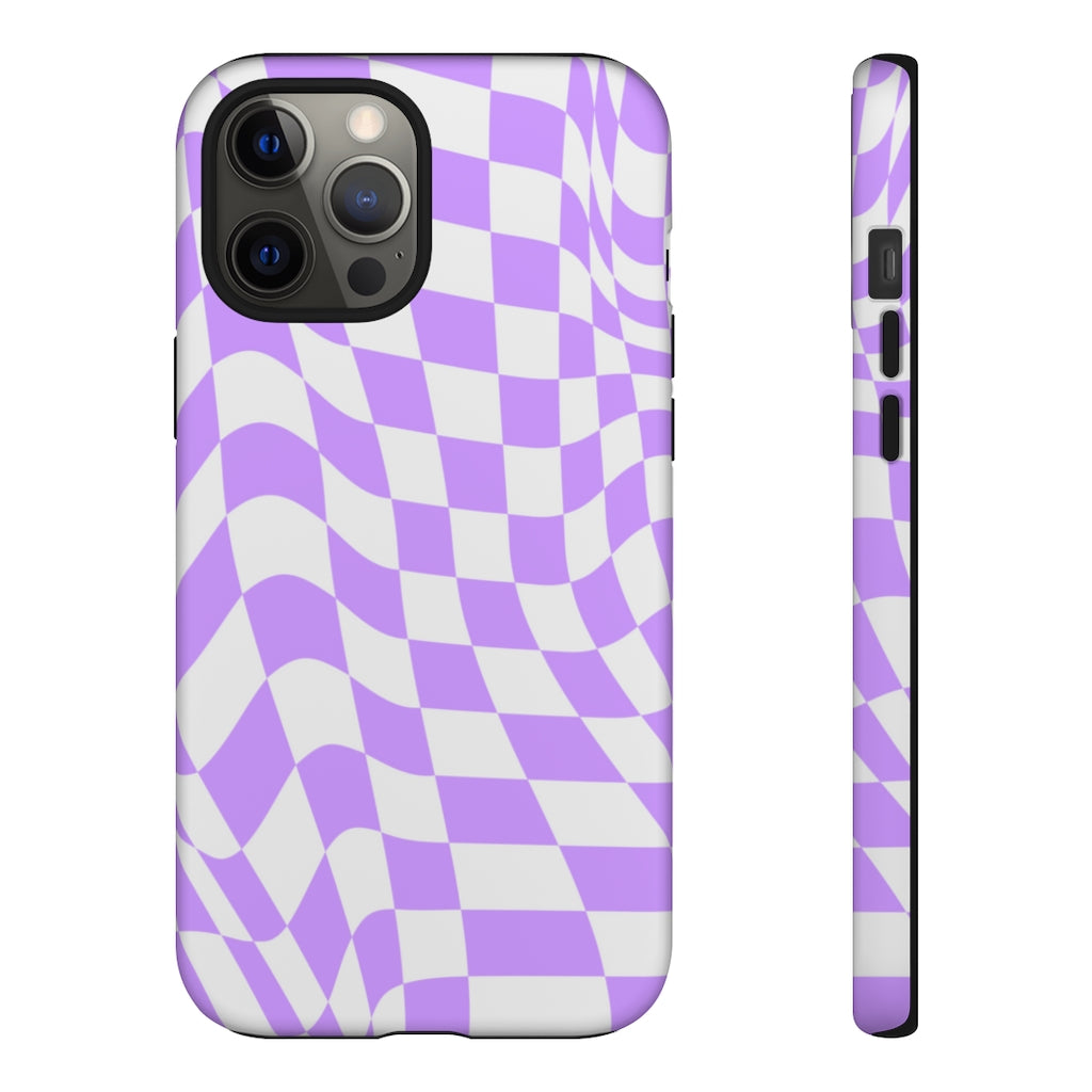 Old School Checkered Retro Groovy Vibe Wavy Checkerboard Phone Case / Purple