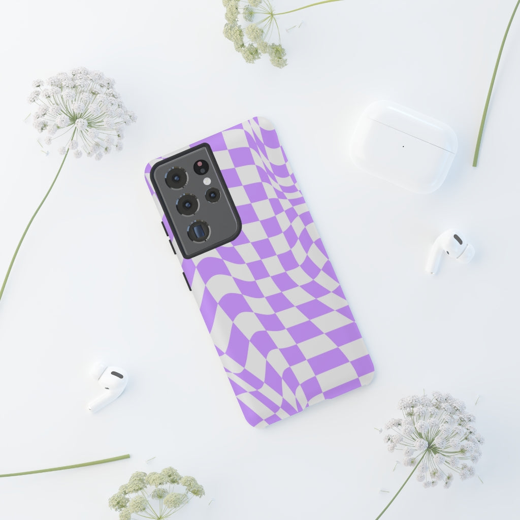 Old School Checkered Retro Groovy Vibe Wavy Checkerboard Phone Case / Purple