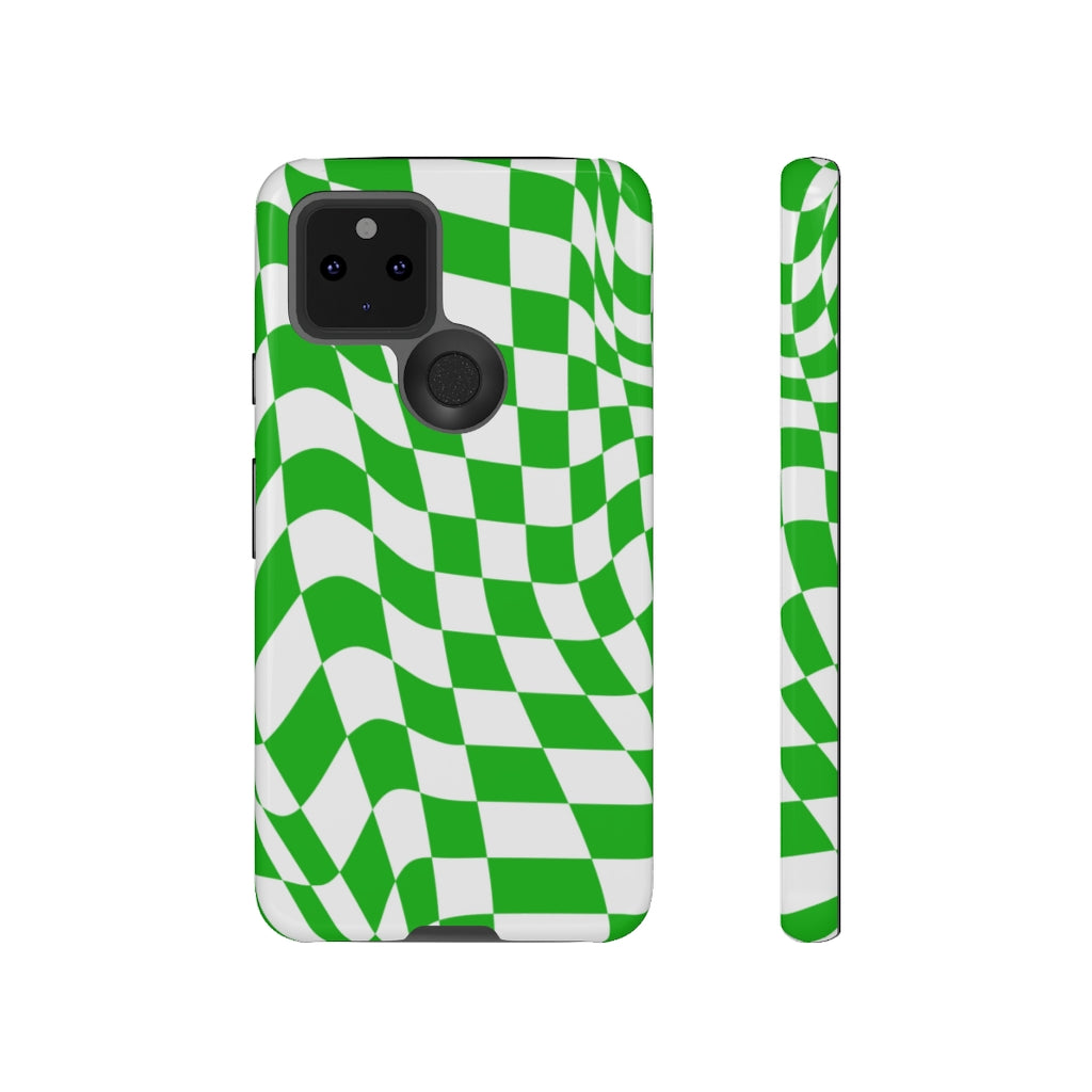 Old School Checkered Retro Groovy Vibe Wavy Checkerboard Phone Case / Retro Green