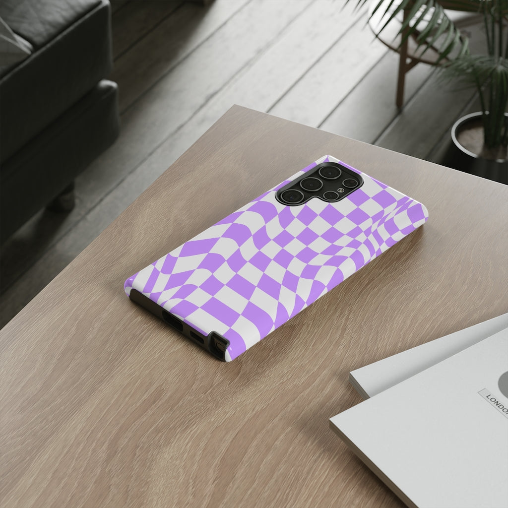 Old School Checkered Retro Groovy Vibe Wavy Checkerboard Phone Case / Purple