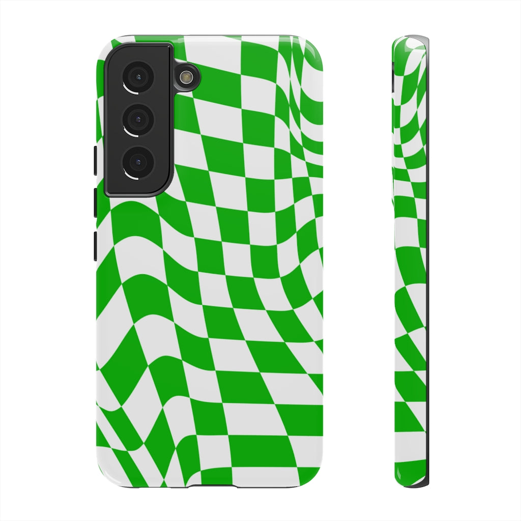Old School Checkered Retro Groovy Vibe Wavy Checkerboard Phone Case / Retro Green