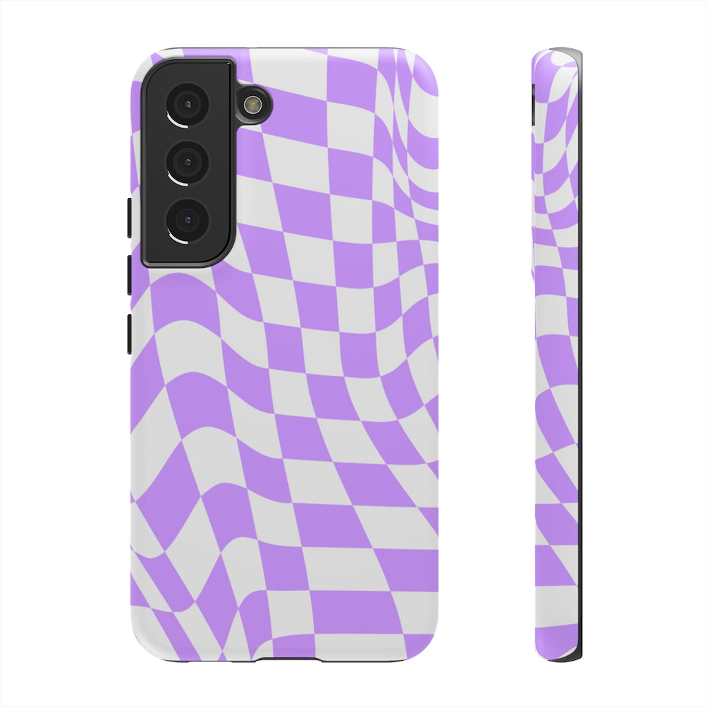 Old School Checkered Retro Groovy Vibe Wavy Checkerboard Phone Case / Purple