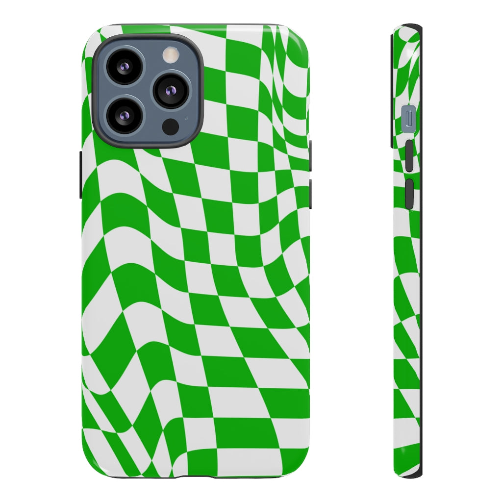 Old School Checkered Retro Groovy Vibe Wavy Checkerboard Phone Case / Retro Green