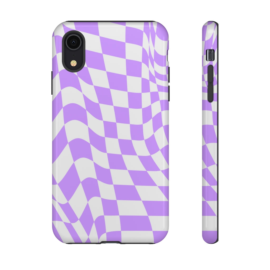 Old School Checkered Retro Groovy Vibe Wavy Checkerboard Phone Case / Purple