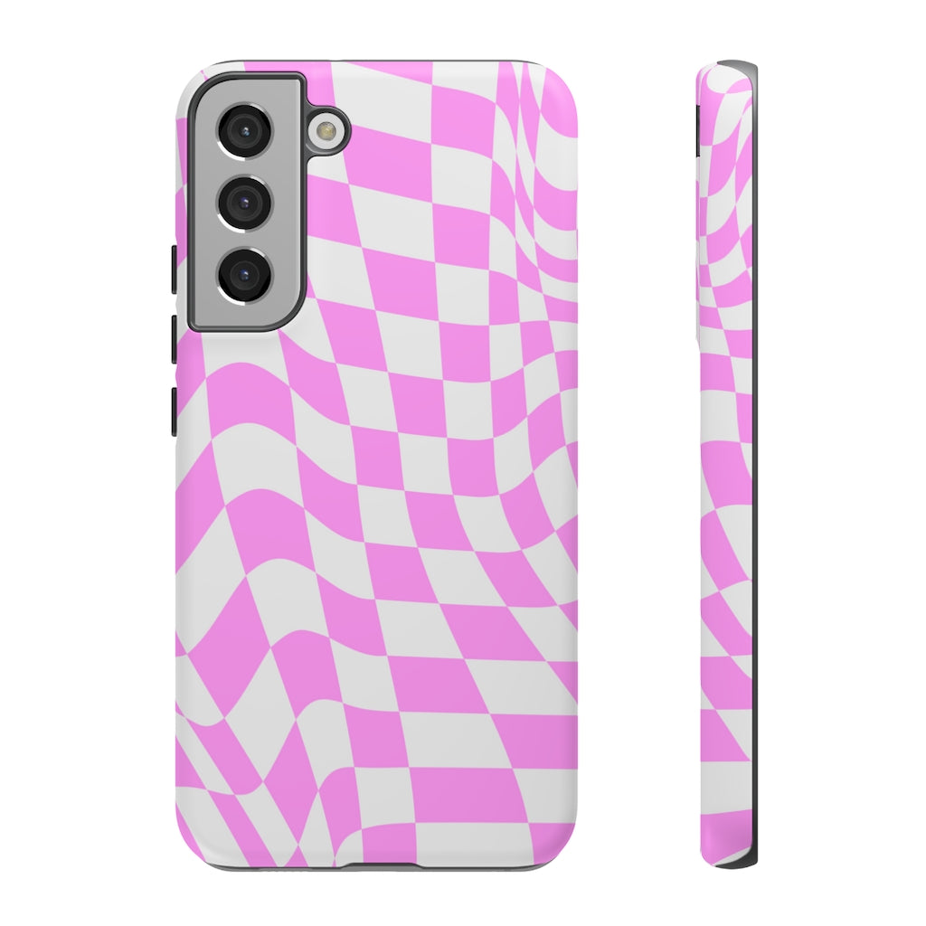 Old School Checkered Retro Groovy Vibe Wavy Checkerboard Phone Case / Pink