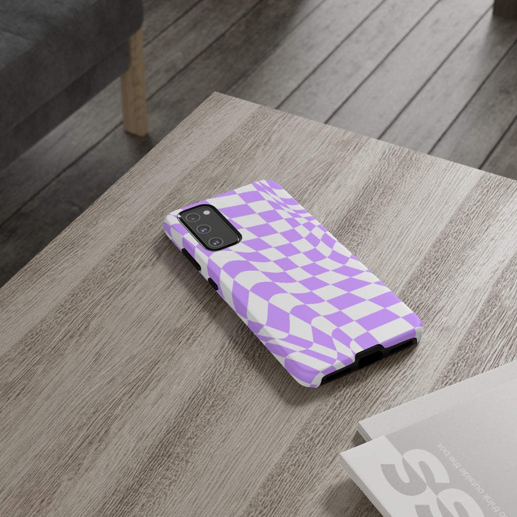 Old School Checkered Retro Groovy Vibe Wavy Checkerboard Phone Case / Purple