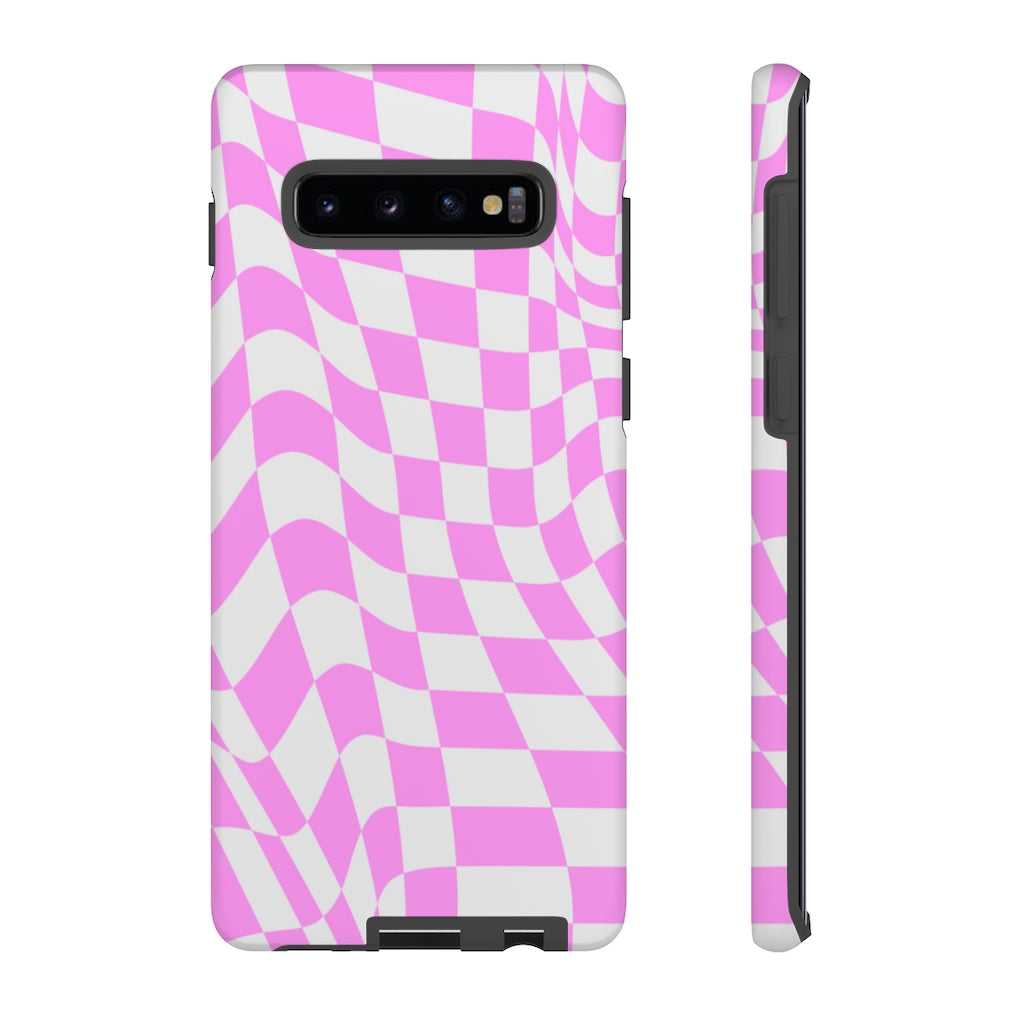 Old School Checkered Retro Groovy Vibe Wavy Checkerboard Phone Case / Pink