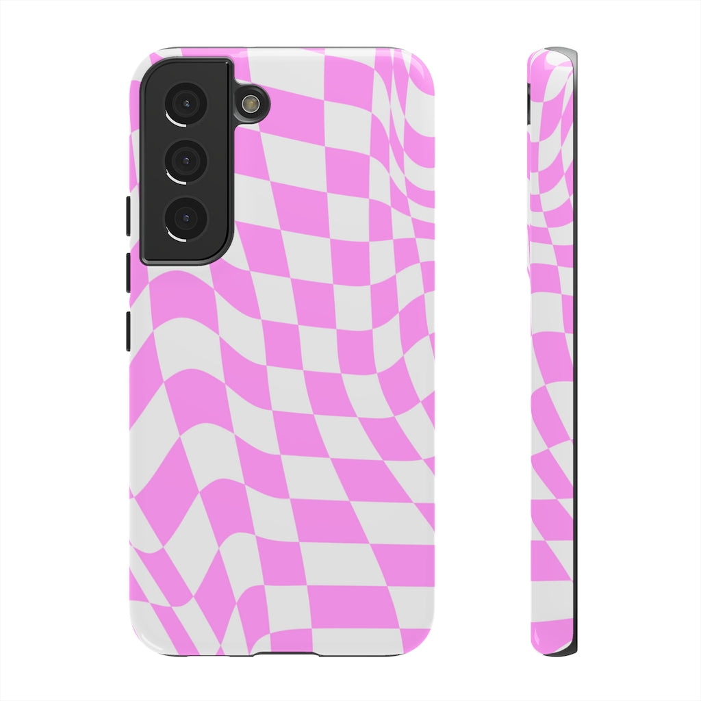Old School Checkered Retro Groovy Vibe Wavy Checkerboard Phone Case / Pink