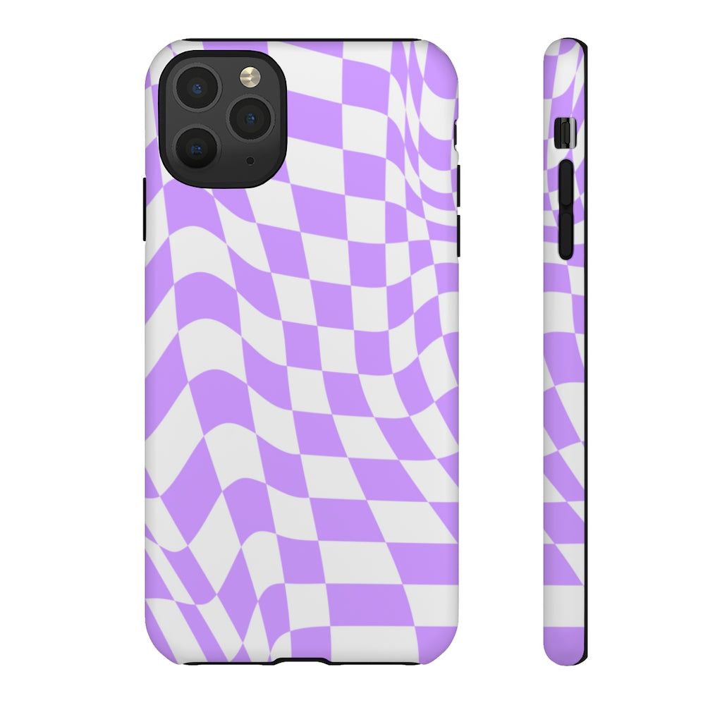 Old School Checkered Retro Groovy Vibe Wavy Checkerboard Phone Case / Purple