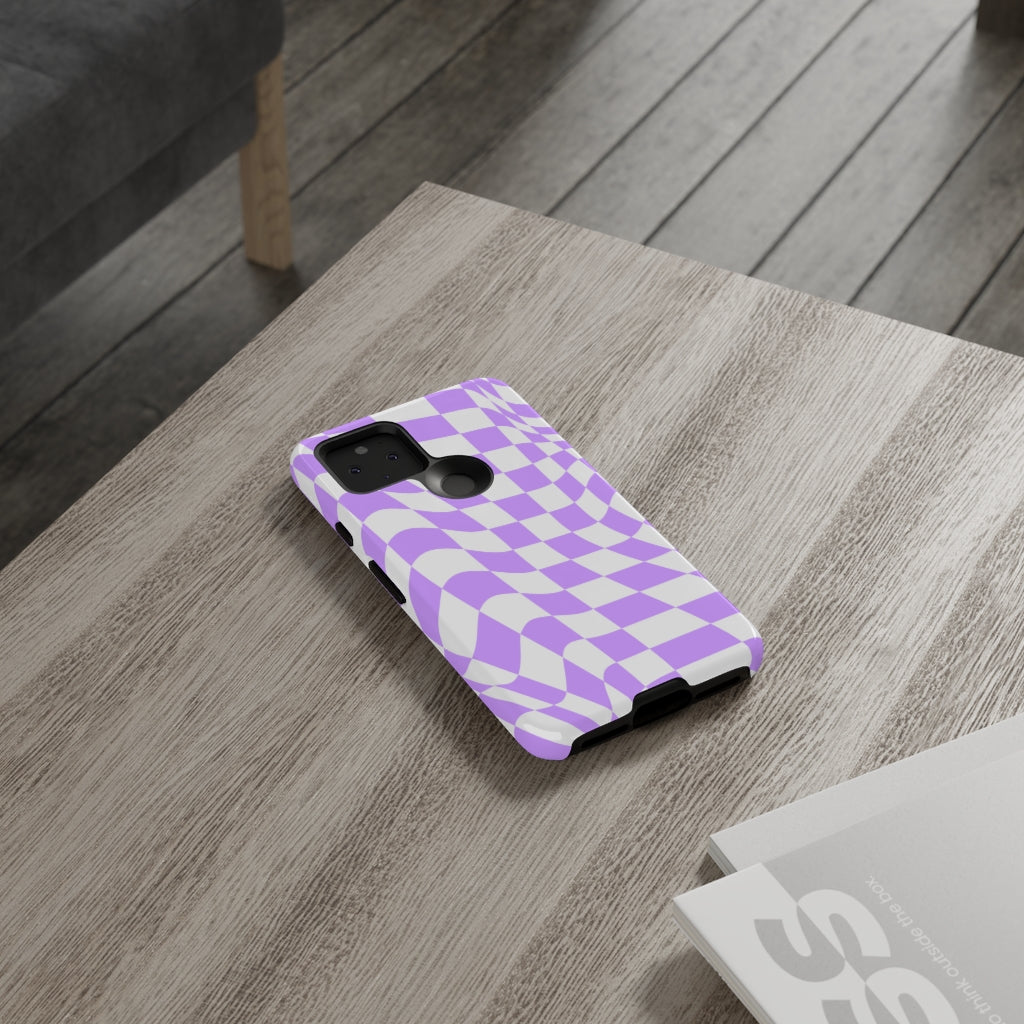 Old School Checkered Retro Groovy Vibe Wavy Checkerboard Phone Case / Purple