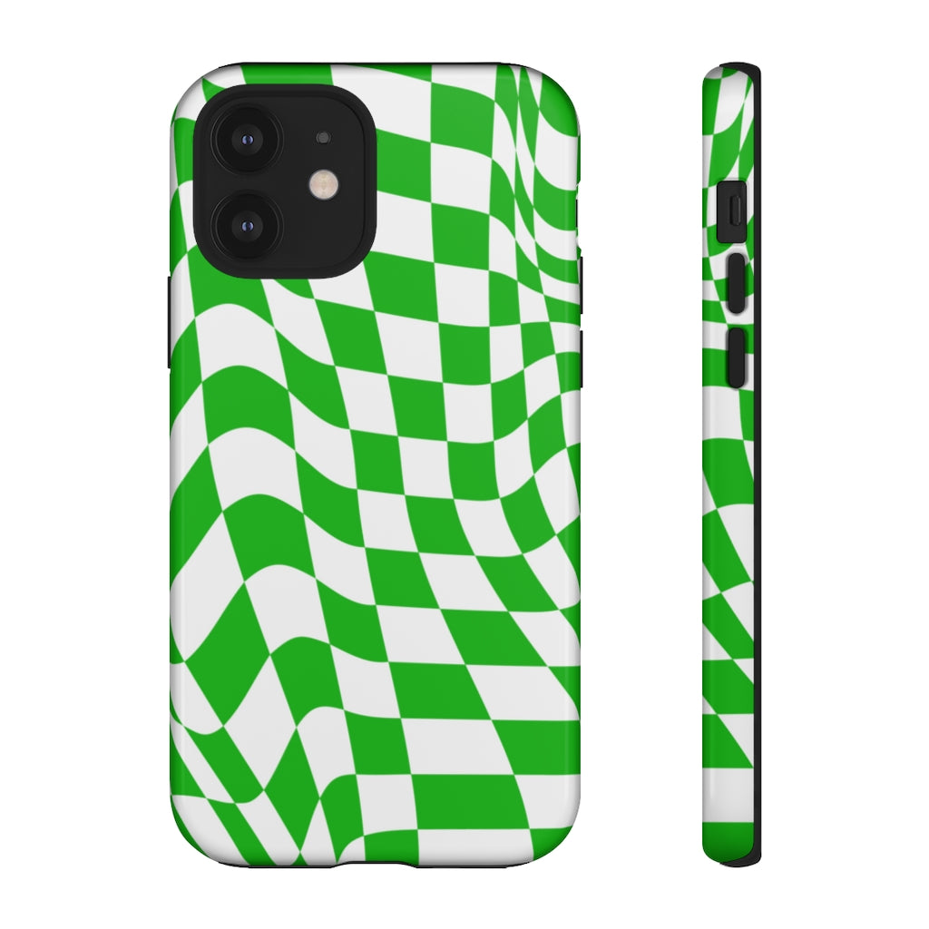 Old School Checkered Retro Groovy Vibe Wavy Checkerboard Phone Case / Retro Green