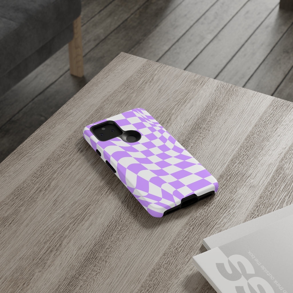 Old School Checkered Retro Groovy Vibe Wavy Checkerboard Phone Case / Purple