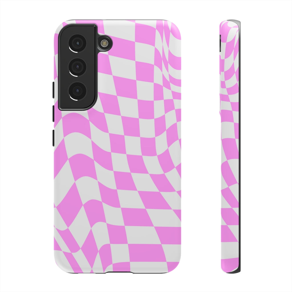 Old School Checkered Retro Groovy Vibe Wavy Checkerboard Phone Case / Pink