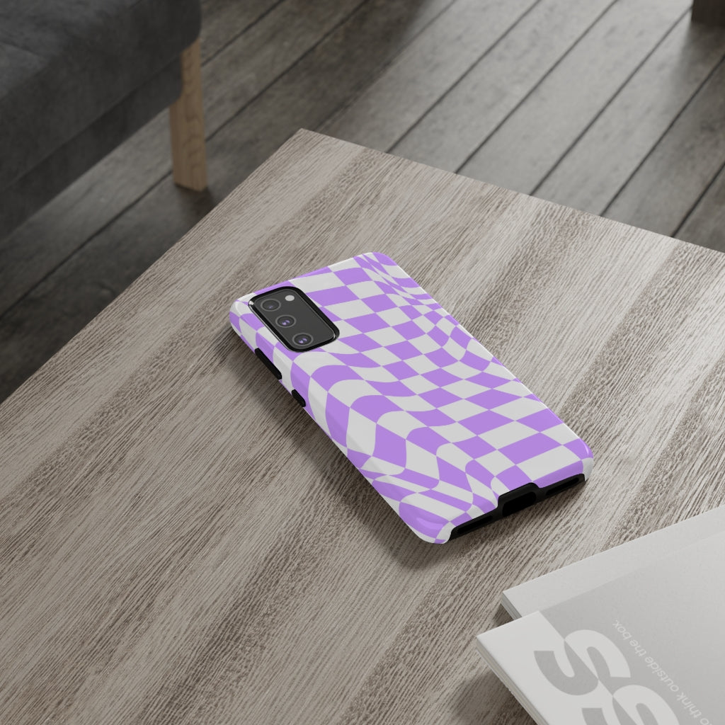Old School Checkered Retro Groovy Vibe Wavy Checkerboard Phone Case / Purple