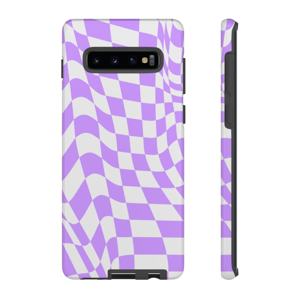 Old School Checkered Retro Groovy Vibe Wavy Checkerboard Phone Case / Purple