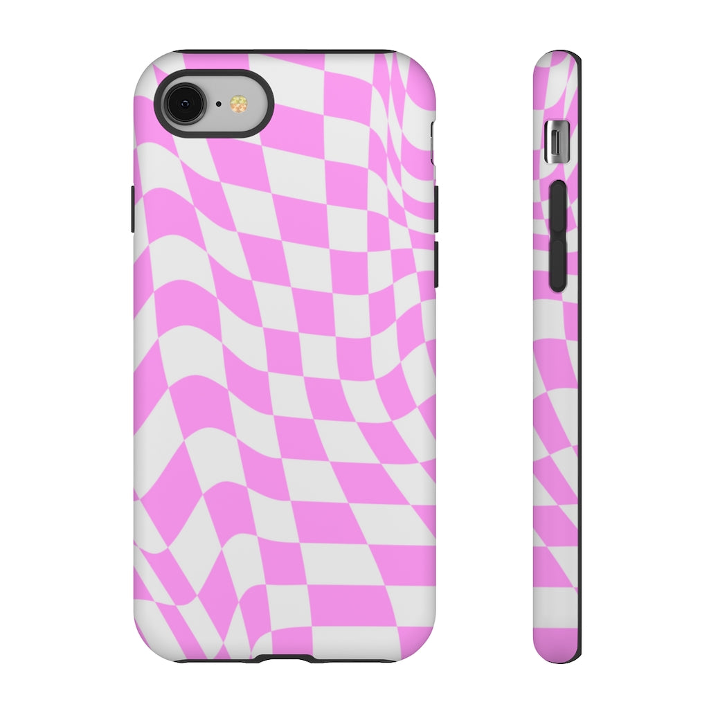 Old School Checkered Retro Groovy Vibe Wavy Checkerboard Phone Case / Pink