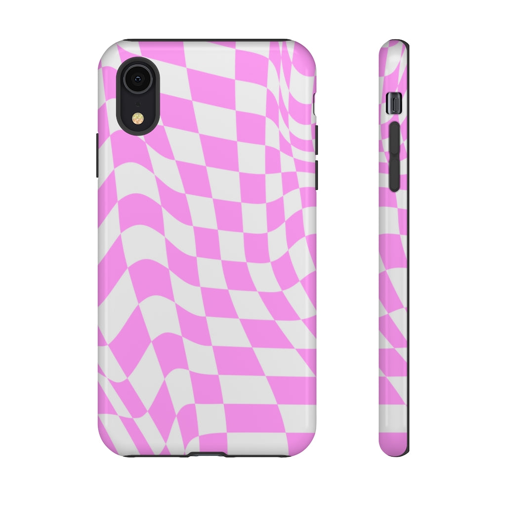 Old School Checkered Retro Groovy Vibe Wavy Checkerboard Phone Case / Pink