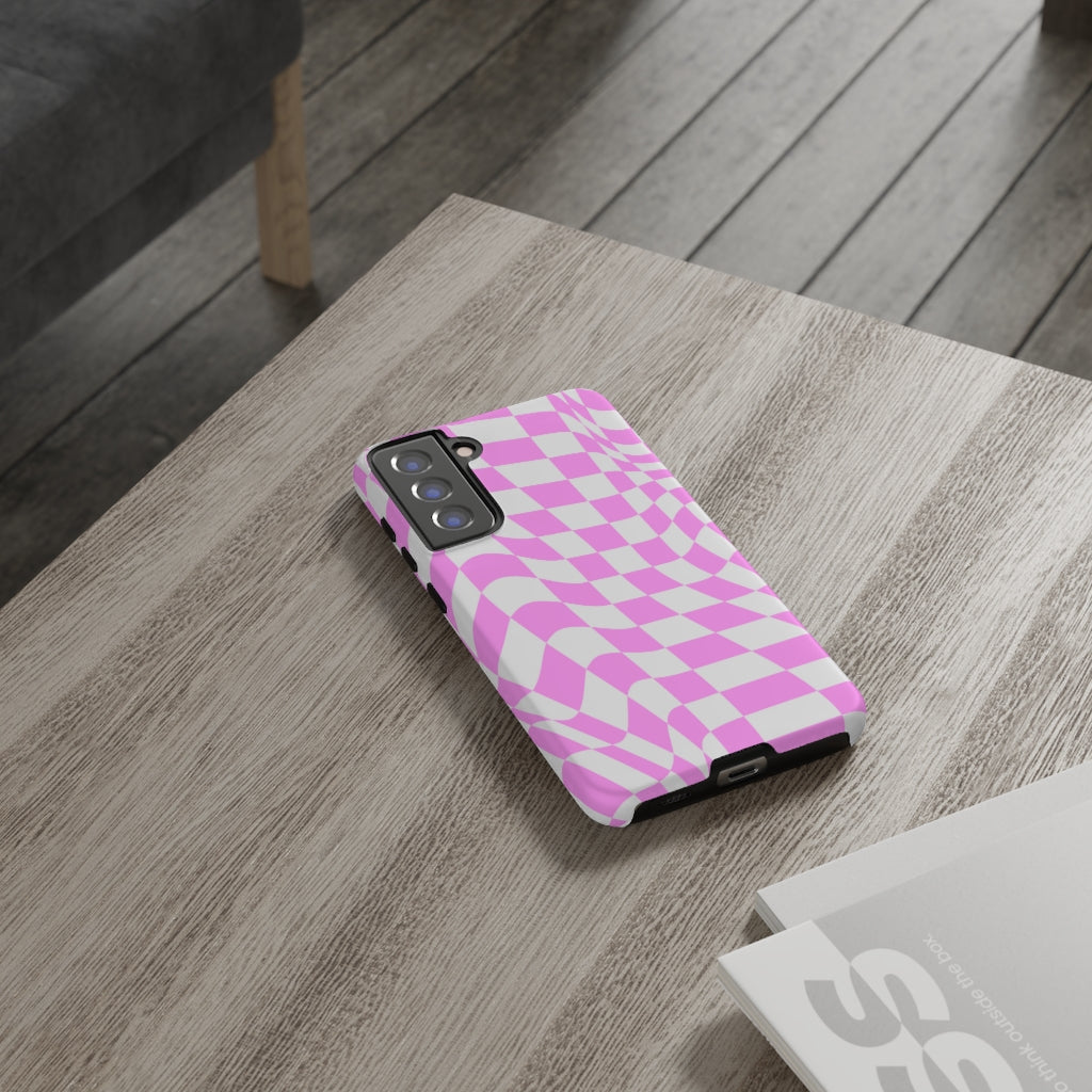 Old School Checkered Retro Groovy Vibe Wavy Checkerboard Phone Case / Pink