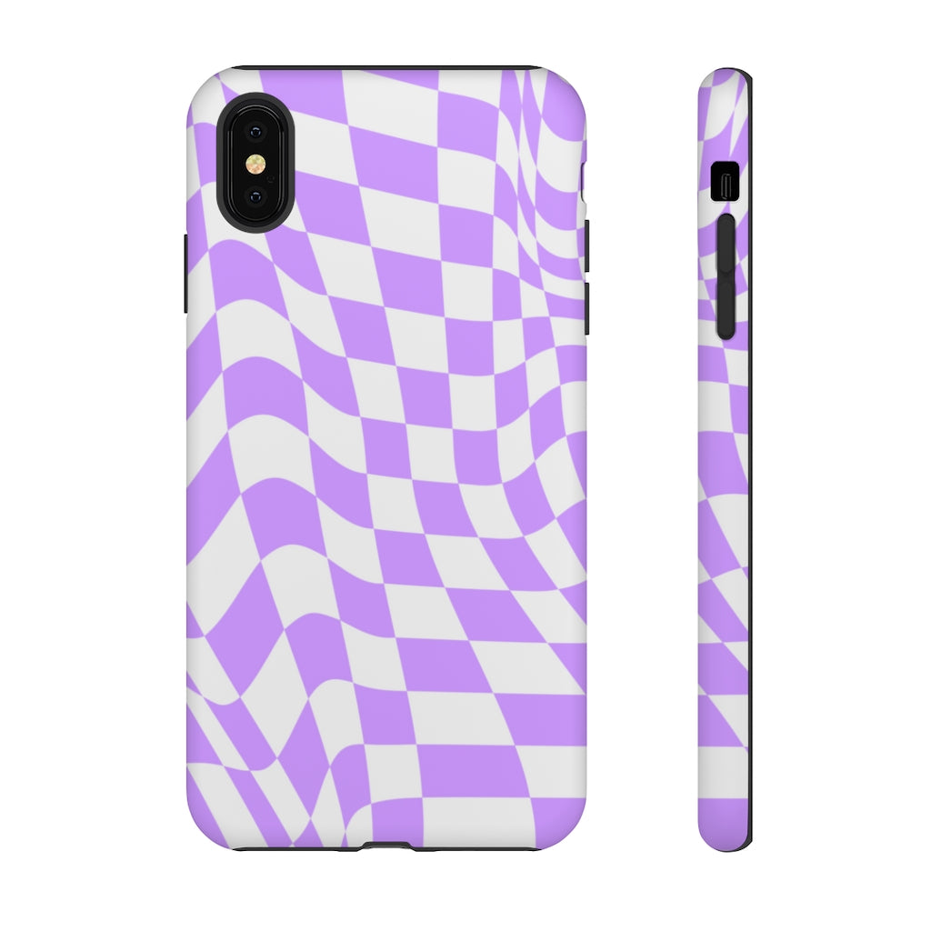Old School Checkered Retro Groovy Vibe Wavy Checkerboard Phone Case / Purple