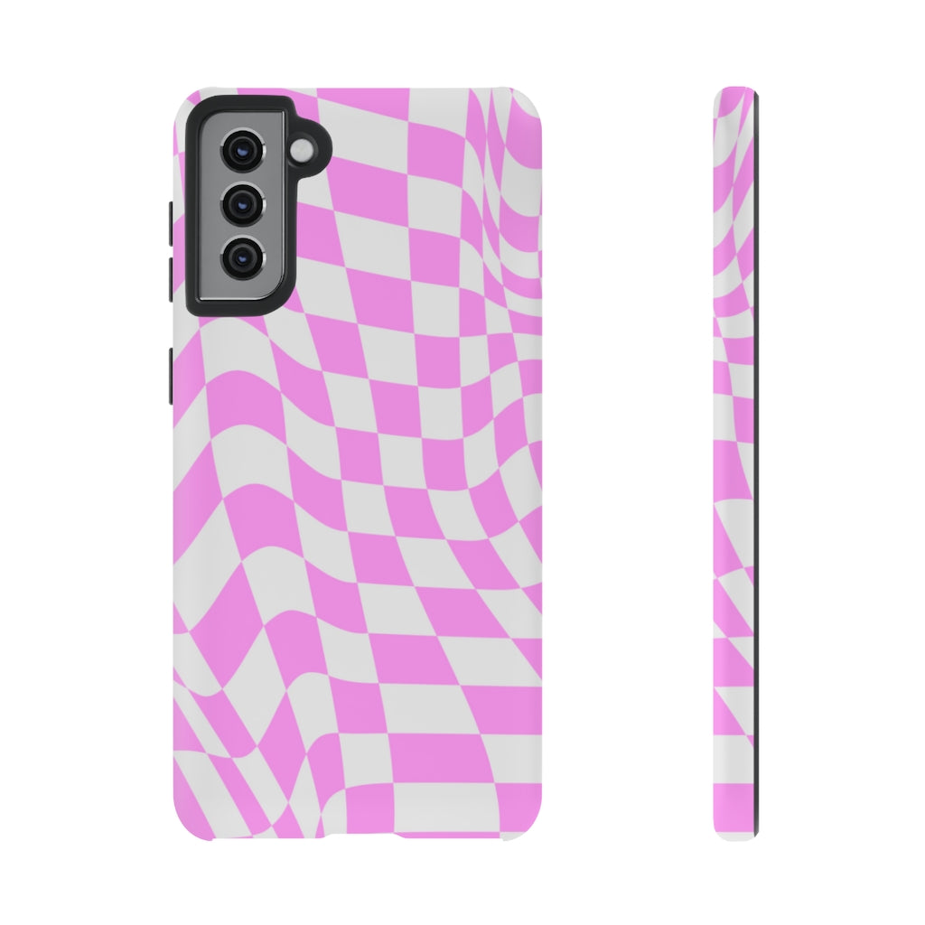 Old School Checkered Retro Groovy Vibe Wavy Checkerboard Phone Case / Pink