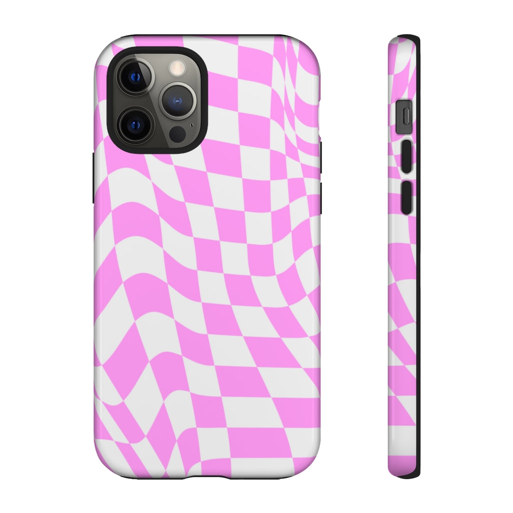 Old School Checkered Retro Groovy Vibe Wavy Checkerboard Phone Case / Pink