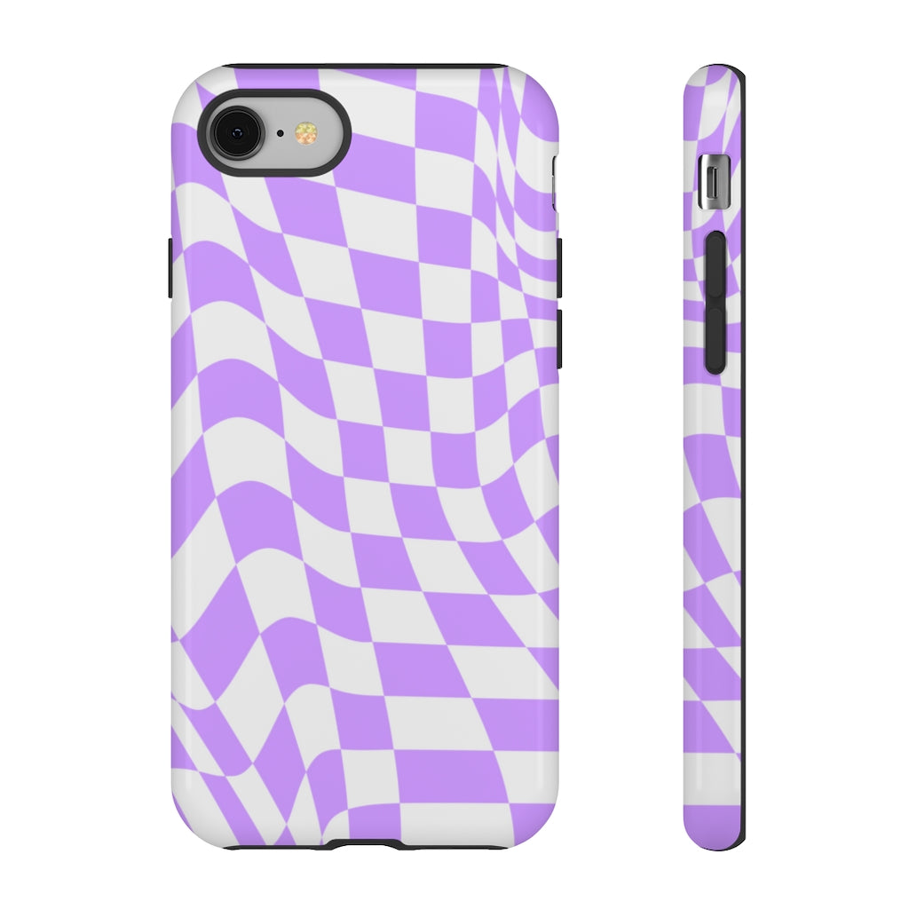 Old School Checkered Retro Groovy Vibe Wavy Checkerboard Phone Case / Purple