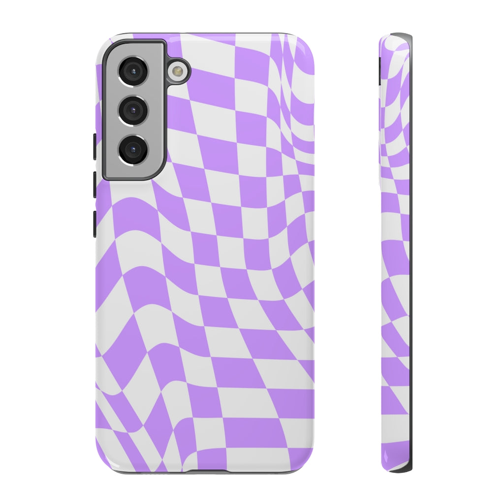 Old School Checkered Retro Groovy Vibe Wavy Checkerboard Phone Case / Purple
