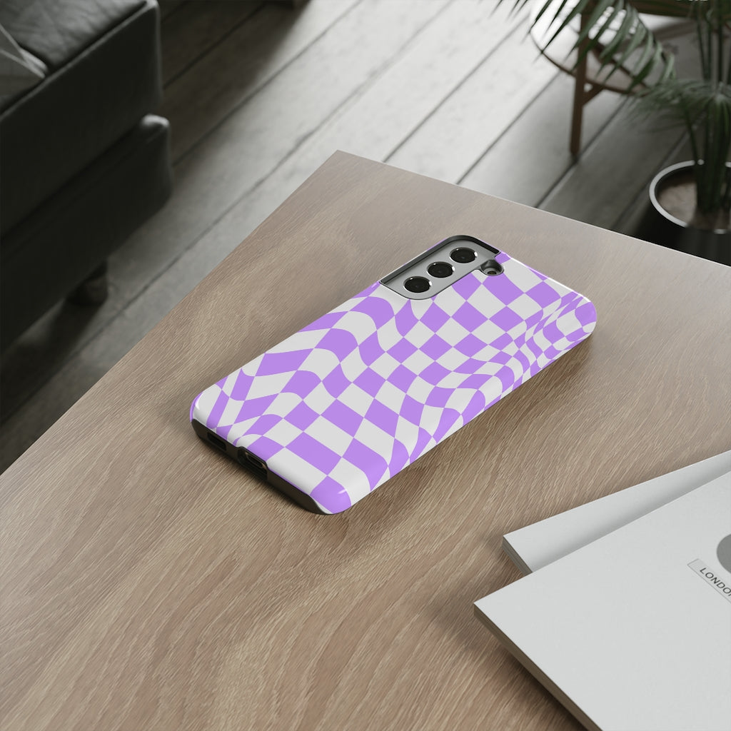 Old School Checkered Retro Groovy Vibe Wavy Checkerboard Phone Case / Purple