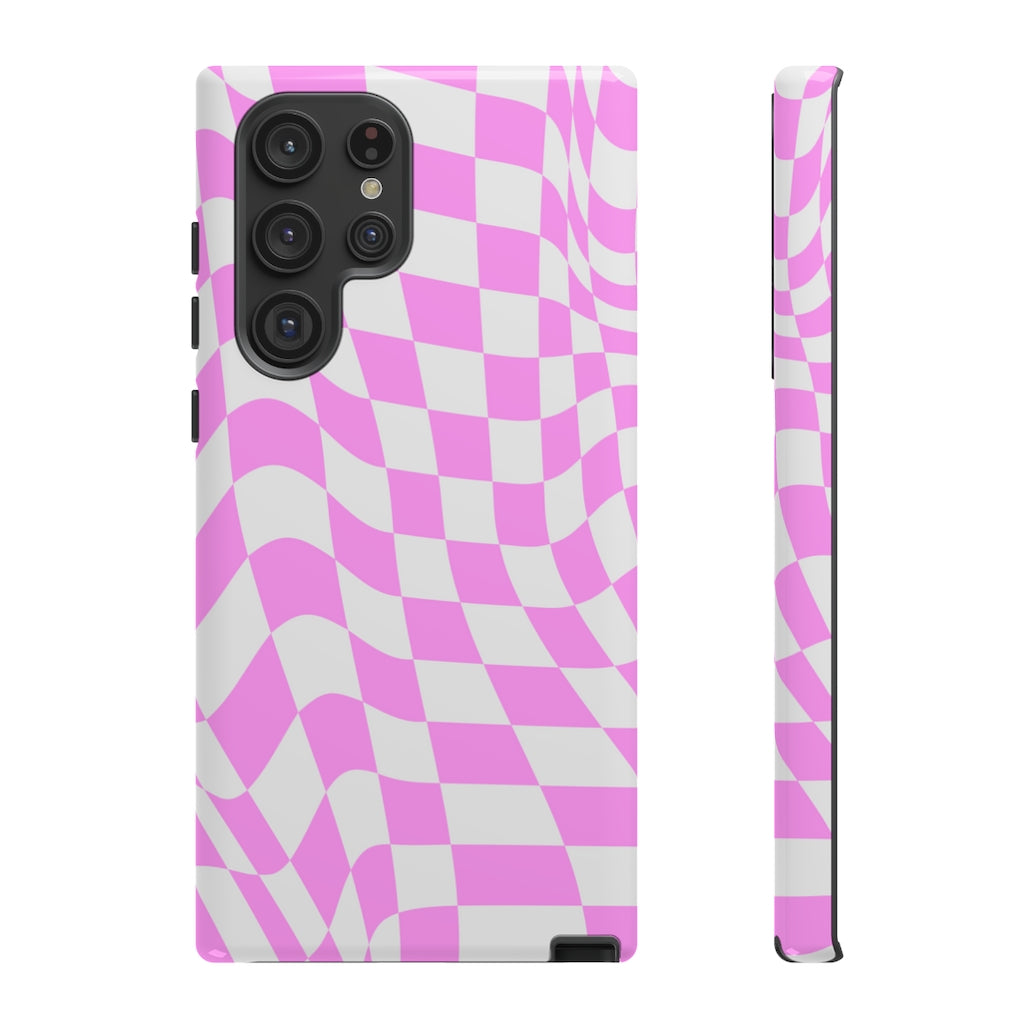 Old School Checkered Retro Groovy Vibe Wavy Checkerboard Phone Case / Pink