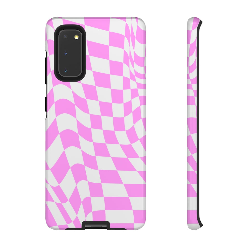 Old School Checkered Retro Groovy Vibe Wavy Checkerboard Phone Case / Pink