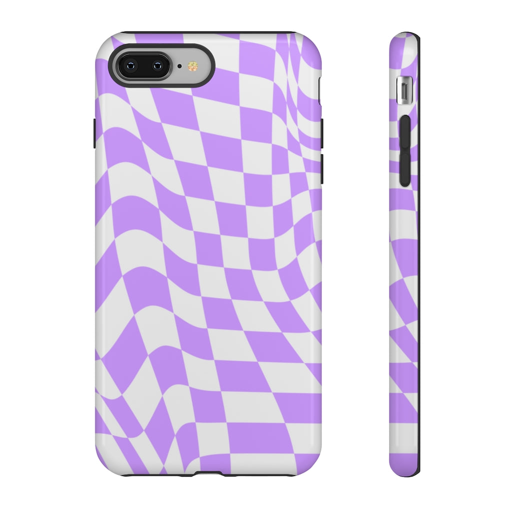 Old School Checkered Retro Groovy Vibe Wavy Checkerboard Phone Case / Purple