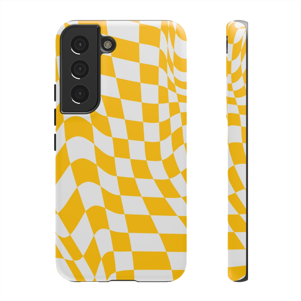 Old School Checkered Retro Groovy Vibe Wavy Checkerboard Phone Case / Yellow