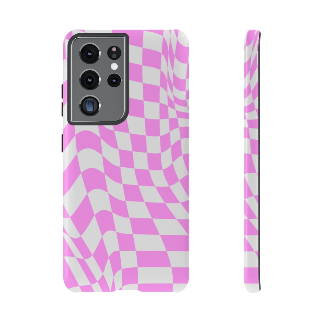 Old School Checkered Retro Groovy Vibe Wavy Checkerboard Phone Case / Pink