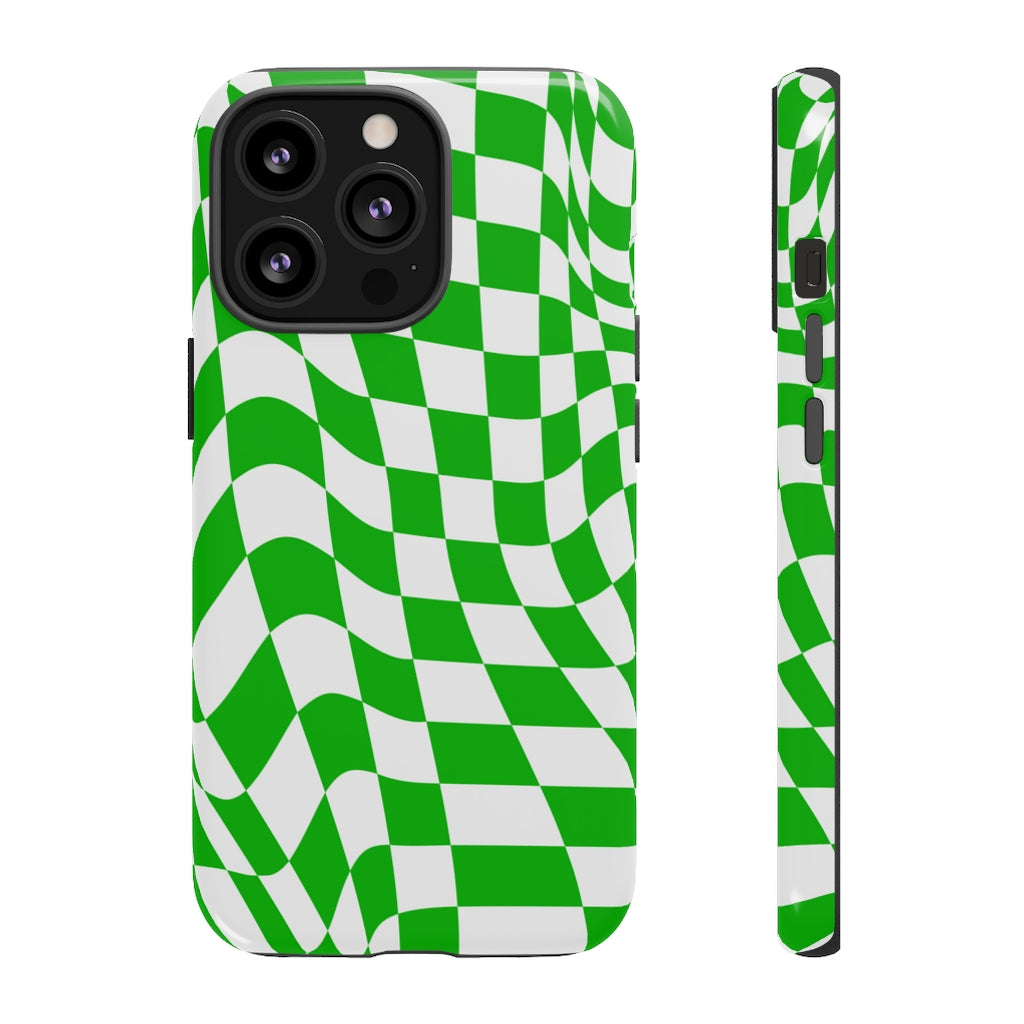Old School Checkered Retro Groovy Vibe Wavy Checkerboard Phone Case / Retro Green