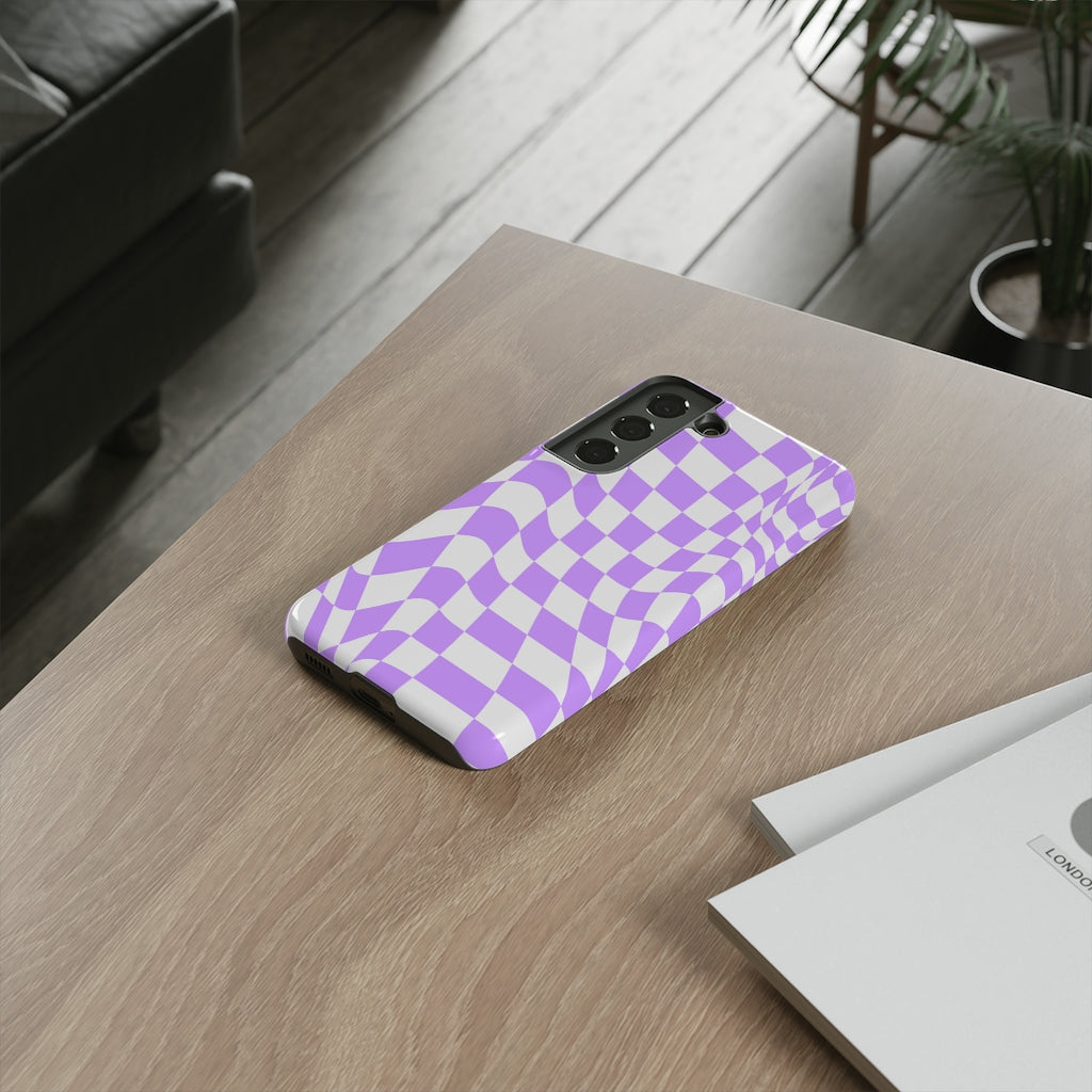 Old School Checkered Retro Groovy Vibe Wavy Checkerboard Phone Case / Purple