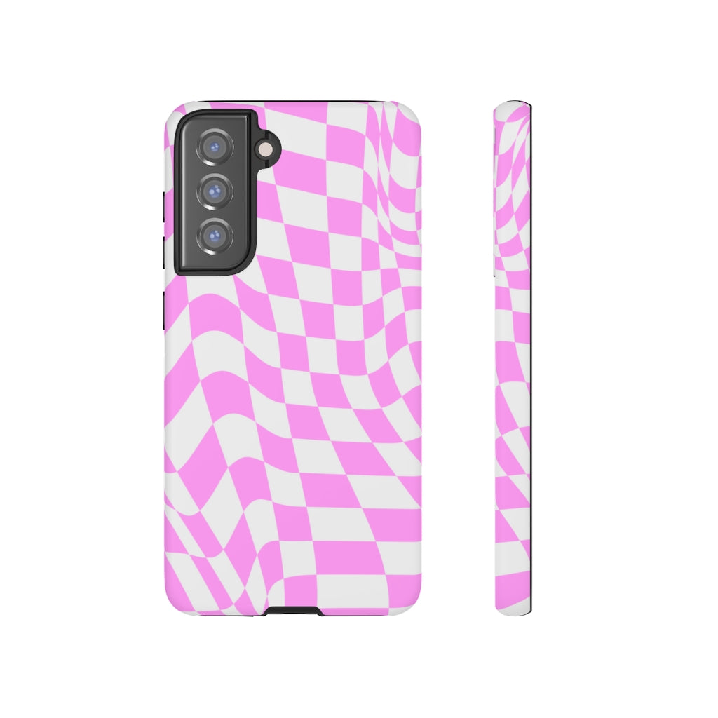 Old School Checkered Retro Groovy Vibe Wavy Checkerboard Phone Case / Pink