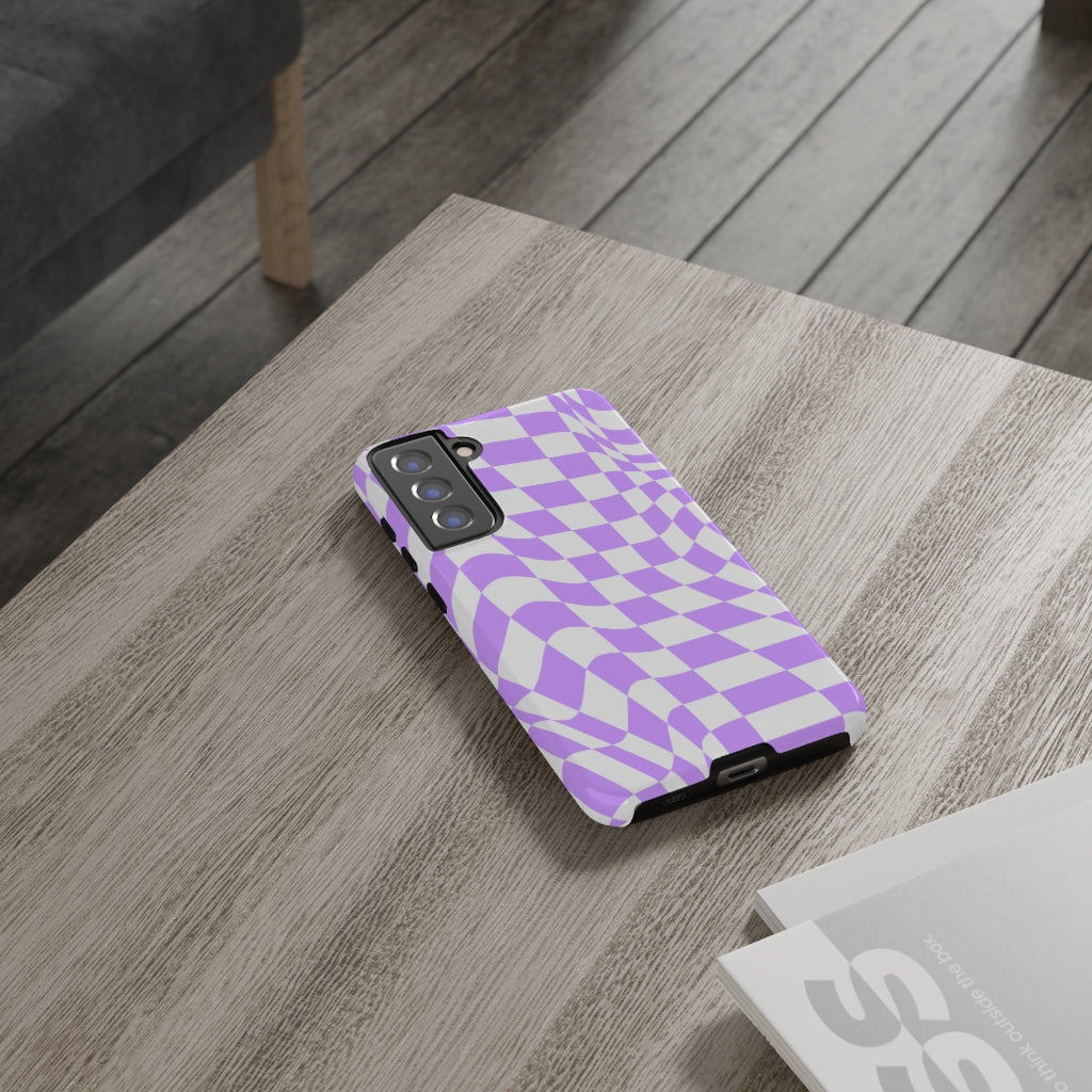 Old School Checkered Retro Groovy Vibe Wavy Checkerboard Phone Case / Purple