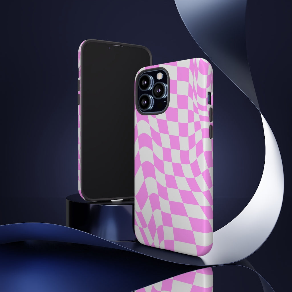 Old School Checkered Retro Groovy Vibe Wavy Checkerboard Phone Case / Pink