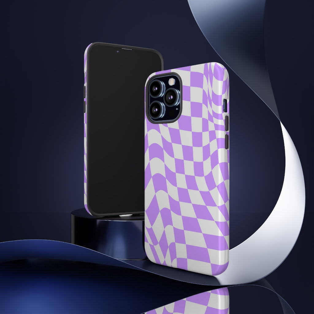 Old School Checkered Retro Groovy Vibe Wavy Checkerboard Phone Case / Purple