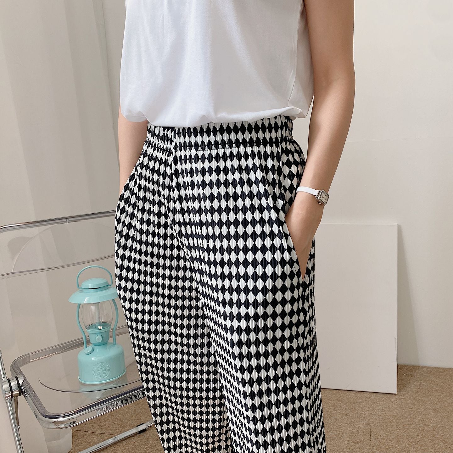 Diamond Plaid High Waist Wide Pants