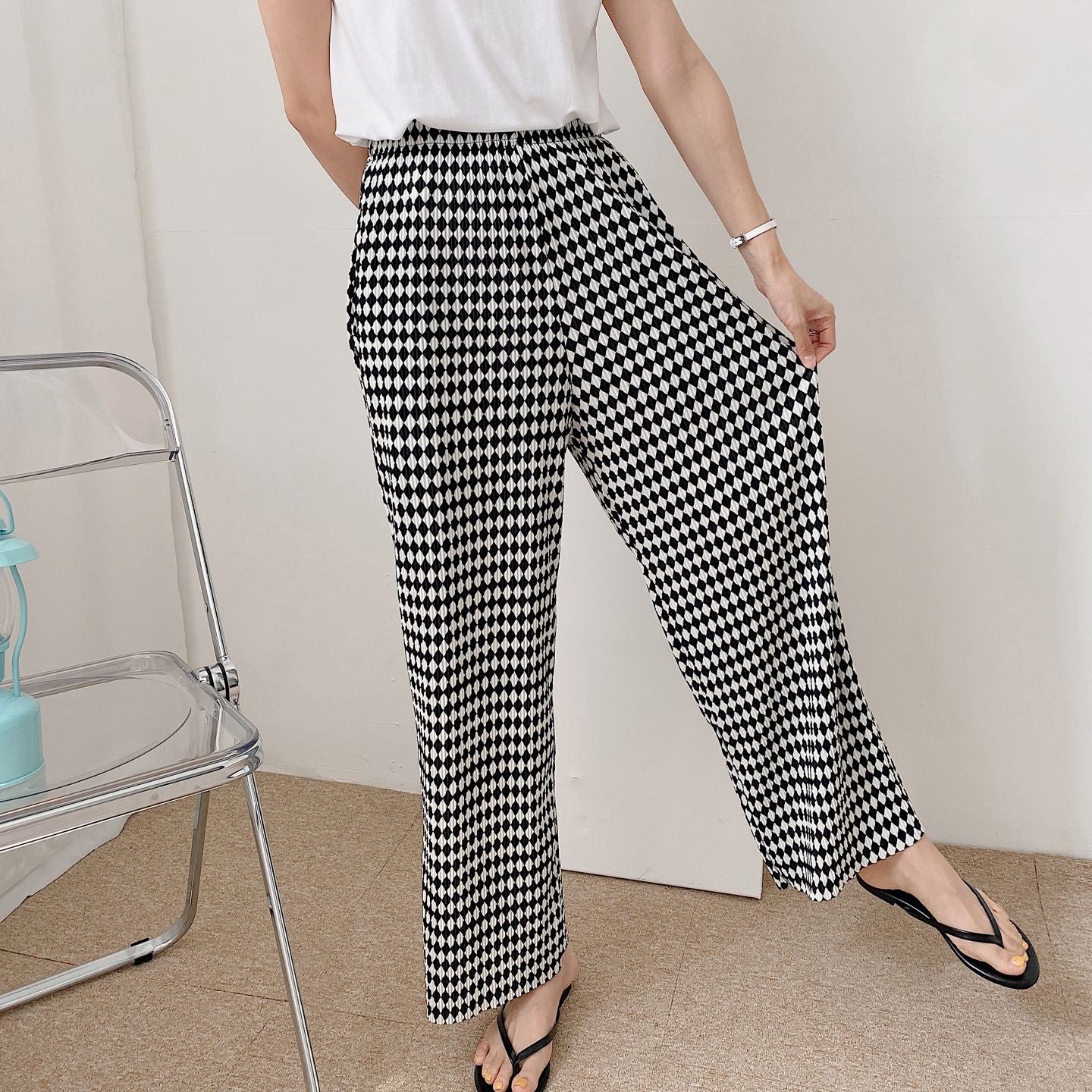 Diamond Plaid High Waist Wide Pants